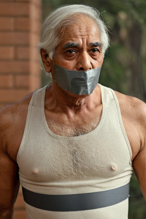 Old Indian man, old indian men , men white singlet, hairy chest, short hair, white singlet, tape gag, tapegag , men singlet