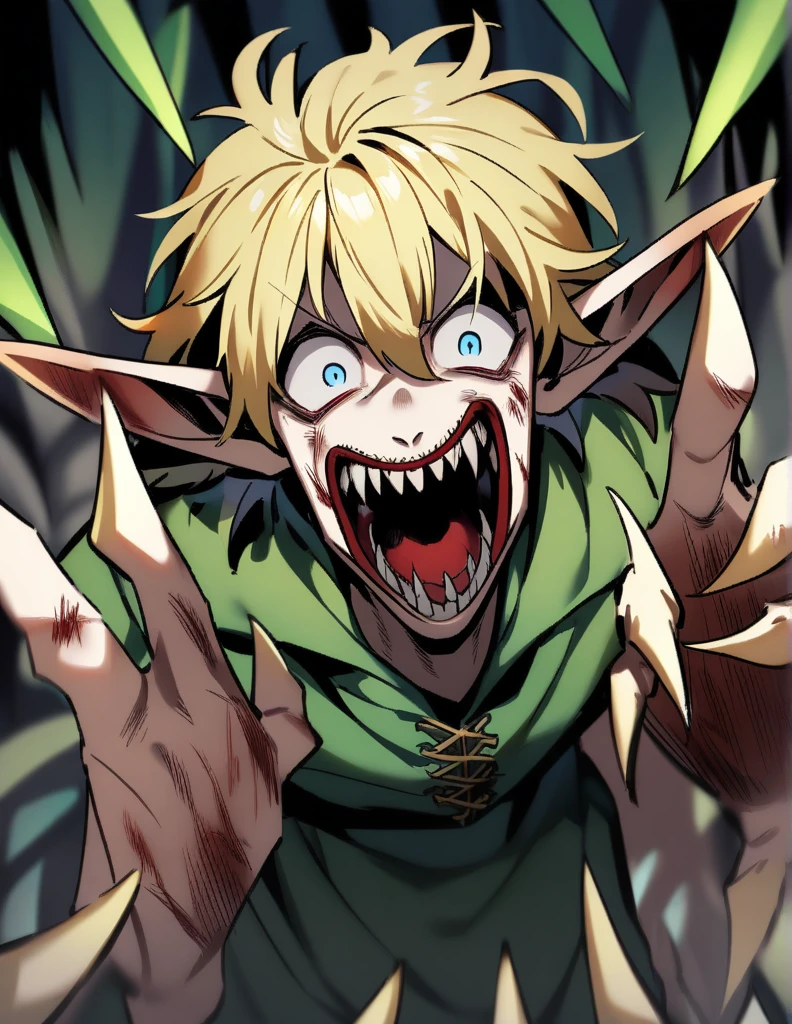 male , Evil, crazy laughter, blue eyes, blonde hair, sharp claws, scratches on hands, green clothes, pointed ears, small carnivorous fairies around him, creepy, fear, terror, horror