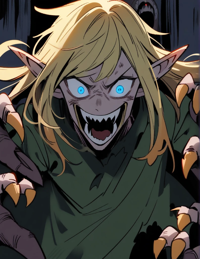 male , Evil, crazy laughter, blue eyes, blonde hair, sharp claws, scratches on hands, green clothes, pointed ears, small carnivorous fairies around him, creepy, fear, terror, horror