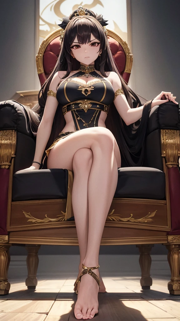 A sexy and seductive lady, high-forked cheongsam, stiletto heels, bare legs, teasing expression, erlang legs, sitting on a throne, striped hair, black hair, moles under the eyes, half-closed eyes, makeup, anime style, chinese court, chinese style, uhd, masterpiece, 8k, BEST QUALITY, CCURATE, ANATOMICALLY CORRECT, HIGHLY DETAILED CHARACTERS, STILETTO HEELS, HIGH HEELS, BARE LEGS, ROUND SMOOTH BARE LEGS, (8k, RAW photo, best quality, masterpiece:1.2), european feel, medieval, (character concept art), whole body concept, still life, fine detail, center of screen, still life only, ((simple background)), white background,