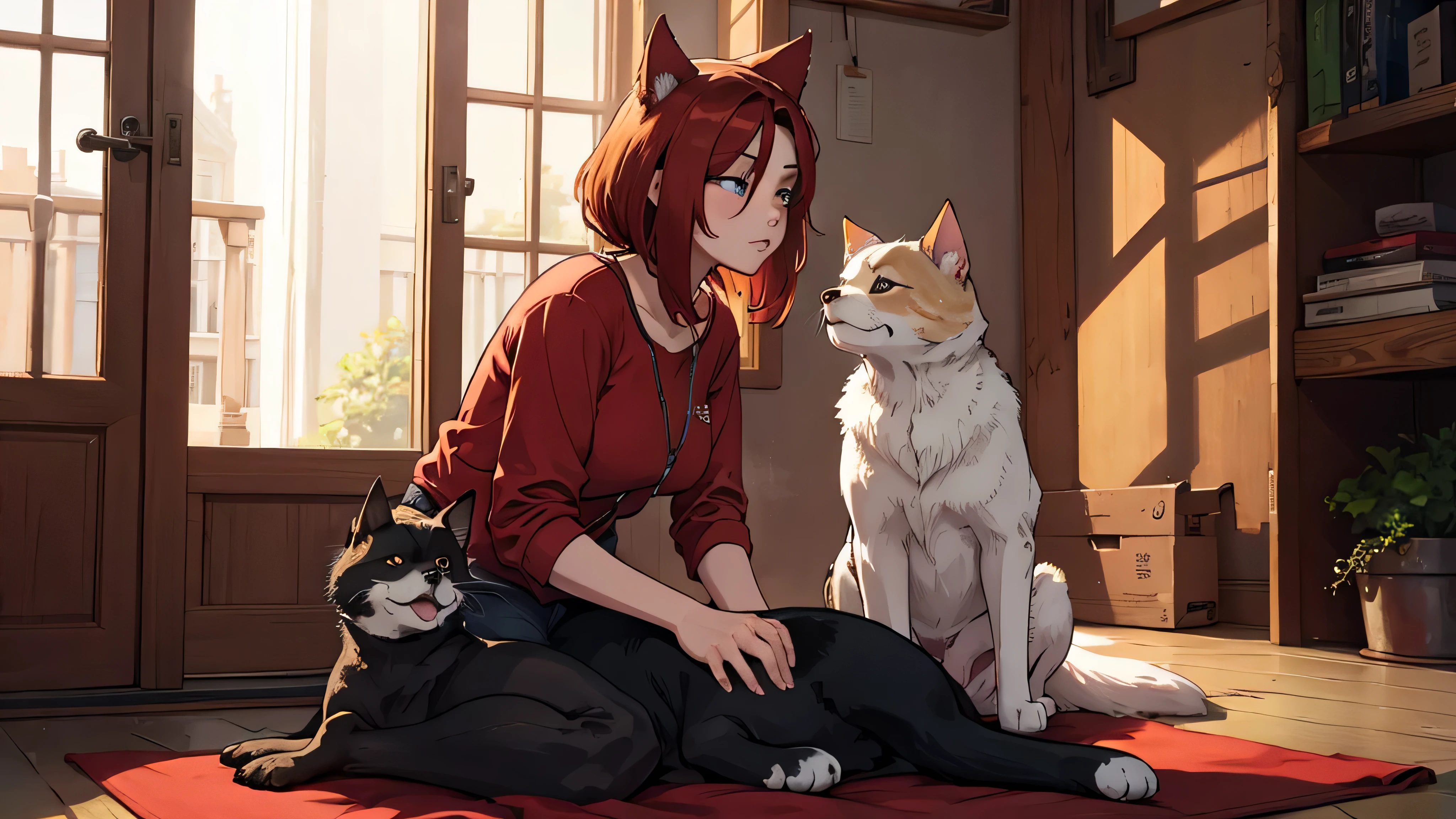 2 dogs, red, 3 cats