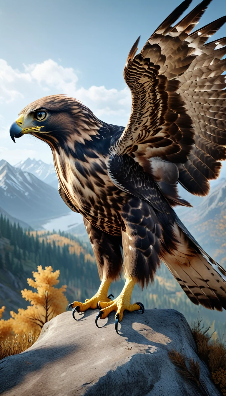 Mountains and forests,There is a kind of beast,It looks like a hawk but has human hands.(best quality,4K,8K,High level,masterpiece:1.2),Ultra Detailed,(lifelike,Photo real,Photo real:1.37),Highly detailed animals,Realistic lighting,Fantasy Creatures
