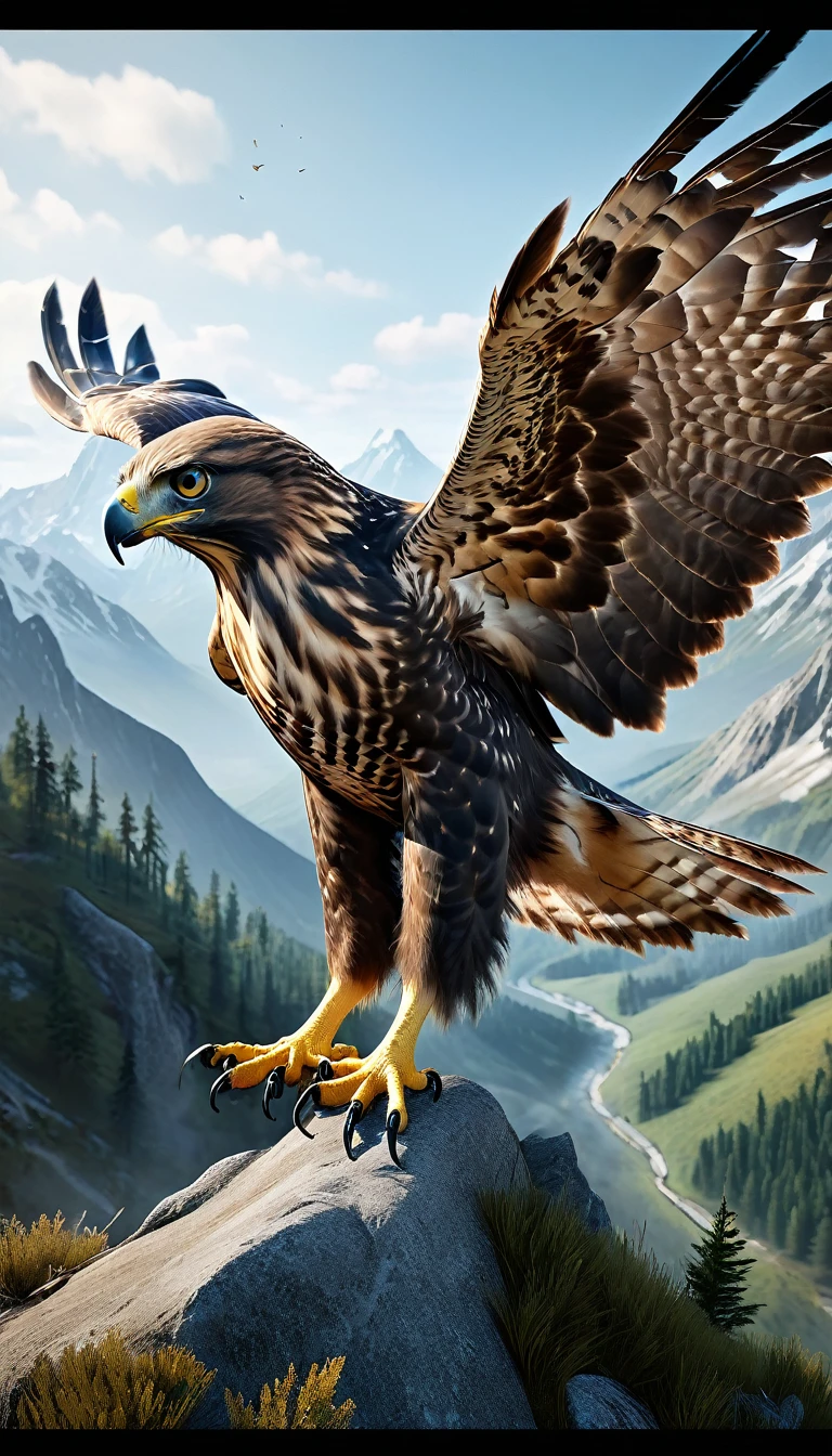 Mountains and forests,There is a kind of beast,It looks like a hawk but has human hands.(best quality,4K,8K,High level,masterpiece:1.2),Ultra Detailed,(lifelike,Photo real,Photo real:1.37),Highly detailed animals,Realistic lighting,Fantasy Creatures