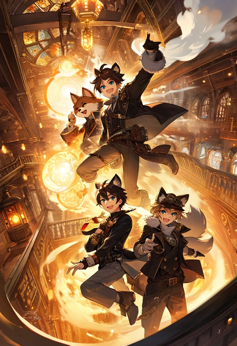 cover_page, highres, top quality, best quality, paid reward available, High-quality illustrations, unparalleled masterpiece, perfect artwork, absurdres, figma, super high resolution, detailed background, Steam punk, Beautiful World Heritage, boys, Happy, joyful(Photos of solo travelers)(kemono, furry anthro)cinematic lighting, dynamic angle,