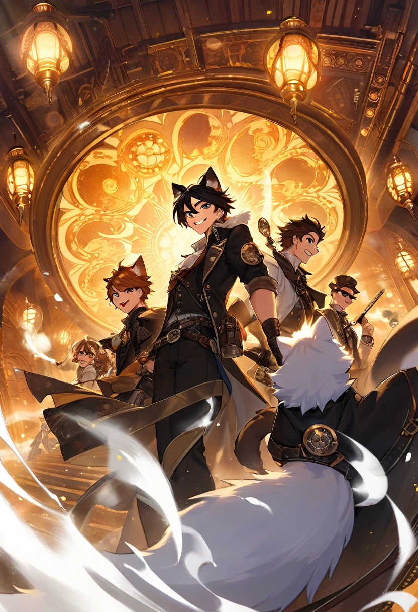 cover_page, highres, top quality, best quality, paid reward available, High-quality illustrations, unparalleled masterpiece, perfect artwork, absurdres, figma, super high resolution, detailed background, Steam punk, Beautiful World Heritage, boys, Happy, joyful(Photos of solo travelers)(kemono, furry anthro)cinematic lighting, dynamic angle,