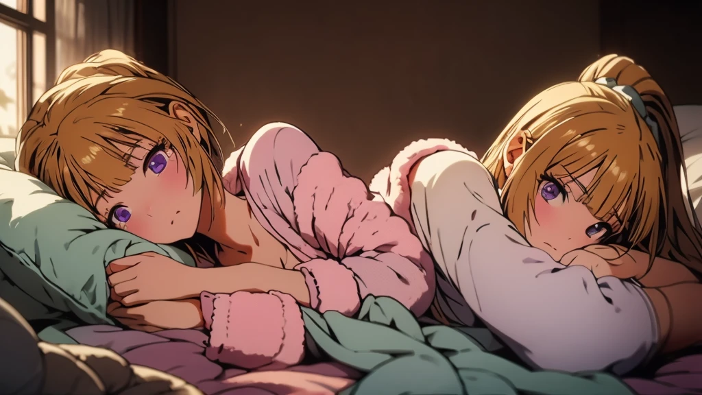 (masterpiece:1.4), (high-quality, high-definition, high-resolution), (primary warm vivid color palette),a beautiful woman, Kei Karuizawa, blonde hair, ponytail hairstyles, ponytail, bangs, violet eyes, cooling sheet on forehead, wears warm pajamas, huddled under quilt in bed in private room, cold symptoms, pained expression, (wrapped in a blanket, a Smartphone in her hand:1.2), (richly drawn and delicate)