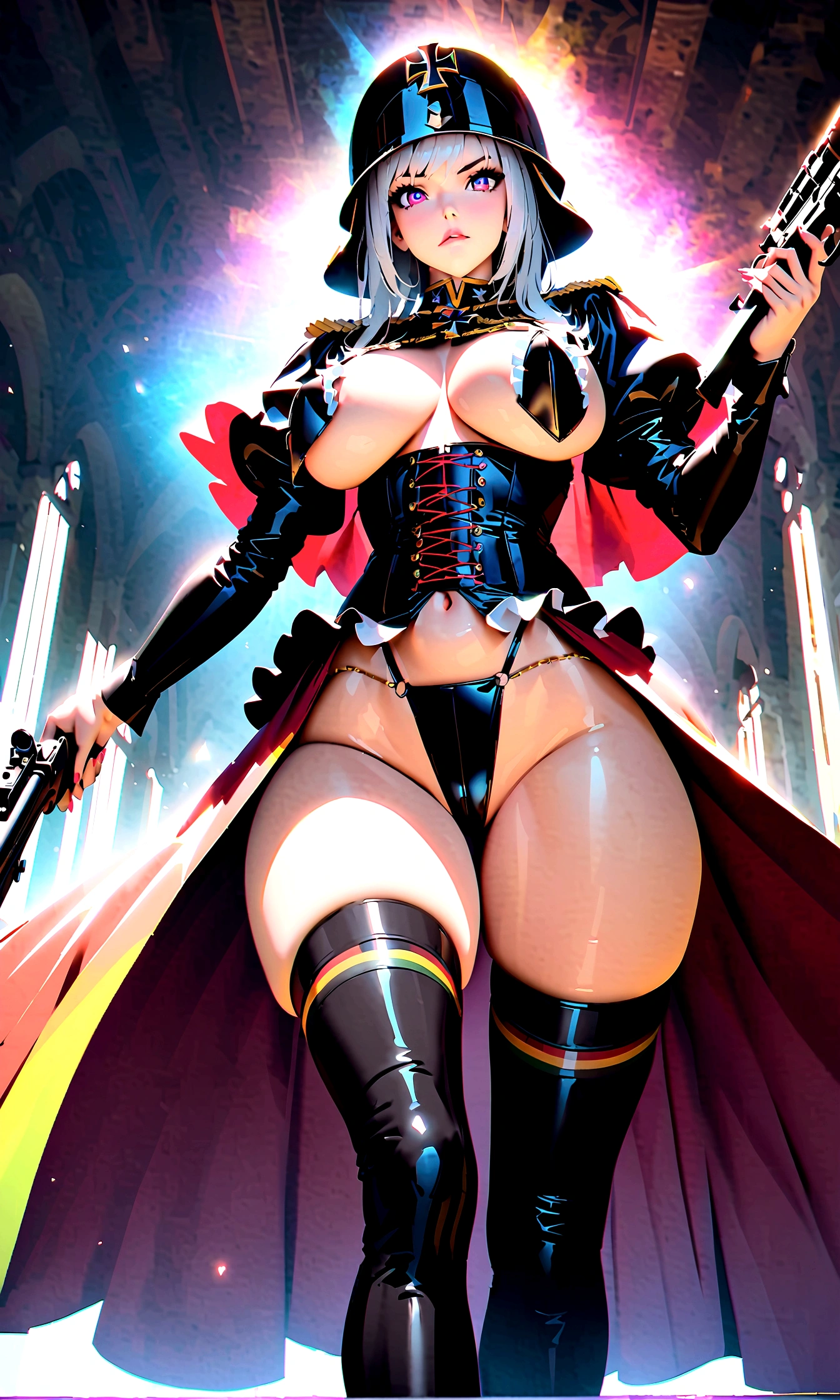 busty bimbo german ss soldier, gunslinger, (model), lace detailing, classy, sophisticated, dangerous, ((wermacht)), iron cross emblem, (((german))), (fit), (german facial features), mostly naked, (german body shape), glossy eyes, ((((beautiful)))), looking straight, sexy, (serious expression), stoic, ((european)), ((hyper sexualized)), raunchy, hourglass body, ((sexy)), ((from the front)), from below, holding a maschinengewehr gun, ((perfect)), (feminine), walking dramatically, hip sway, gold belly chain, german frilly micro leather corset, german frilly leather thigh highs, german frilly leather sleeves, german frilly leather breast curtain, german frilly high rise leather thong, micro leather billowing cape, german helmet, voluptuous round juicy breasts, underboob, voluptuous strong ass, strong thighs, sexy hips, hip cleavage, full shapely body, curvy, ornate german jewelry, vibrant aura, smooth shiny skin, (sexy lighting), german background, smooth clean lines, ultra textured, highest resolution, maximum quality, max detail, vivid colors, max texture, energetic composition, dramatic lighting, crystal clear, depth perspective, high contrast, seamlessly blended, photorealistic, chromatic aberration, subpixel precision, bokeh effect depth art, anamorphic perspective, hdr high dynamic range, spectral color graded, photometric lighting, motion lines