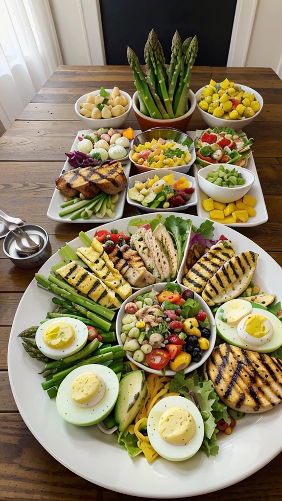 Colorful and Varied Keto Lunch Platter: A beautifully arranged platter with various keto-friendly foods, such as avocado, bacon-wrapped asparagus, deviled eggs, colorful salads, and grilled chicken. The vibrant colors and variety will catch the viewer’s eye.