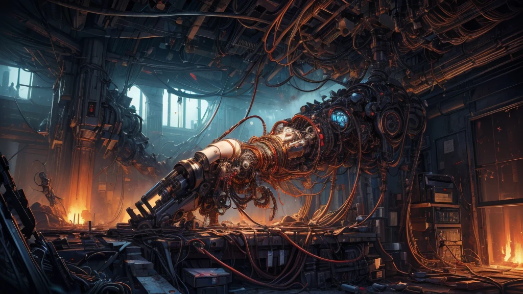 (((work of art))), ((highest quallity)), (super detaill), (Computer graphics illustration), (so bad and beautiful)), cinematic light, ((1. Mechanical girl)), Solteiro, (Mechanical Arts: 1.4), ((mechanical members)), (bloodstains vessel attached to a tube), ((mechanical column attached to the back)), ((Mechanical cervical spine attached to the neck), (Back to Viewers)), unexpressive, ( Wires and cables connected to the head and torso: 1.5), sf, apocalypto, skeletal remains, (Lower body integrated with mechanical device), (bloodstains: 1.5), Cruelty, unorganized, erotism, Integration with machines, the end of times, Superfuture, Inorganic, research room, Restrictions, (Beautiful luxury: 1.2), (1 girl: 1.3), A body wrapped in mechanical tentacles