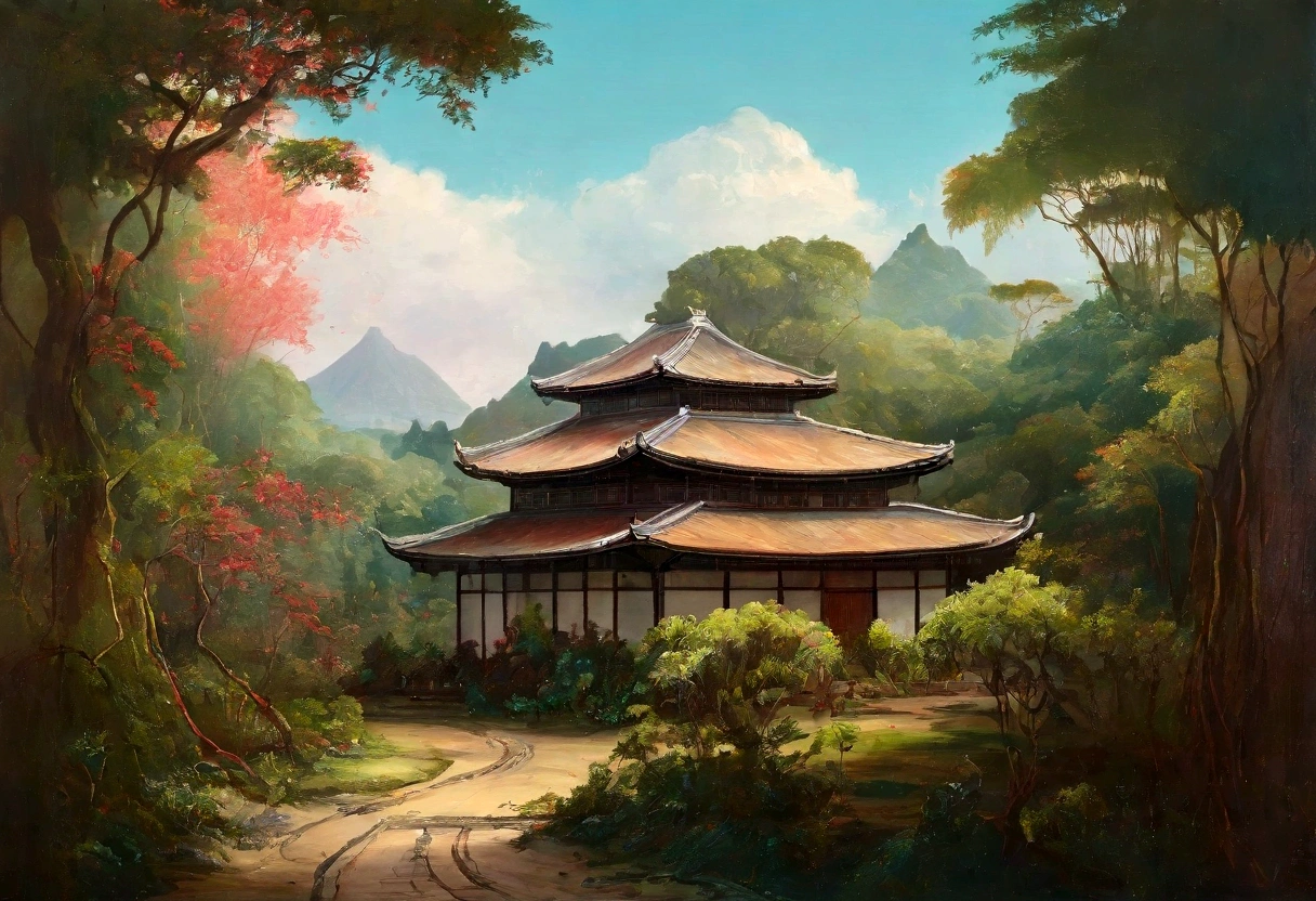 painting landscape of a tropical forest with medieval japanese building in background, trees, vines, beutiful landscape, full of tropical trees, faded color, silky oil paint