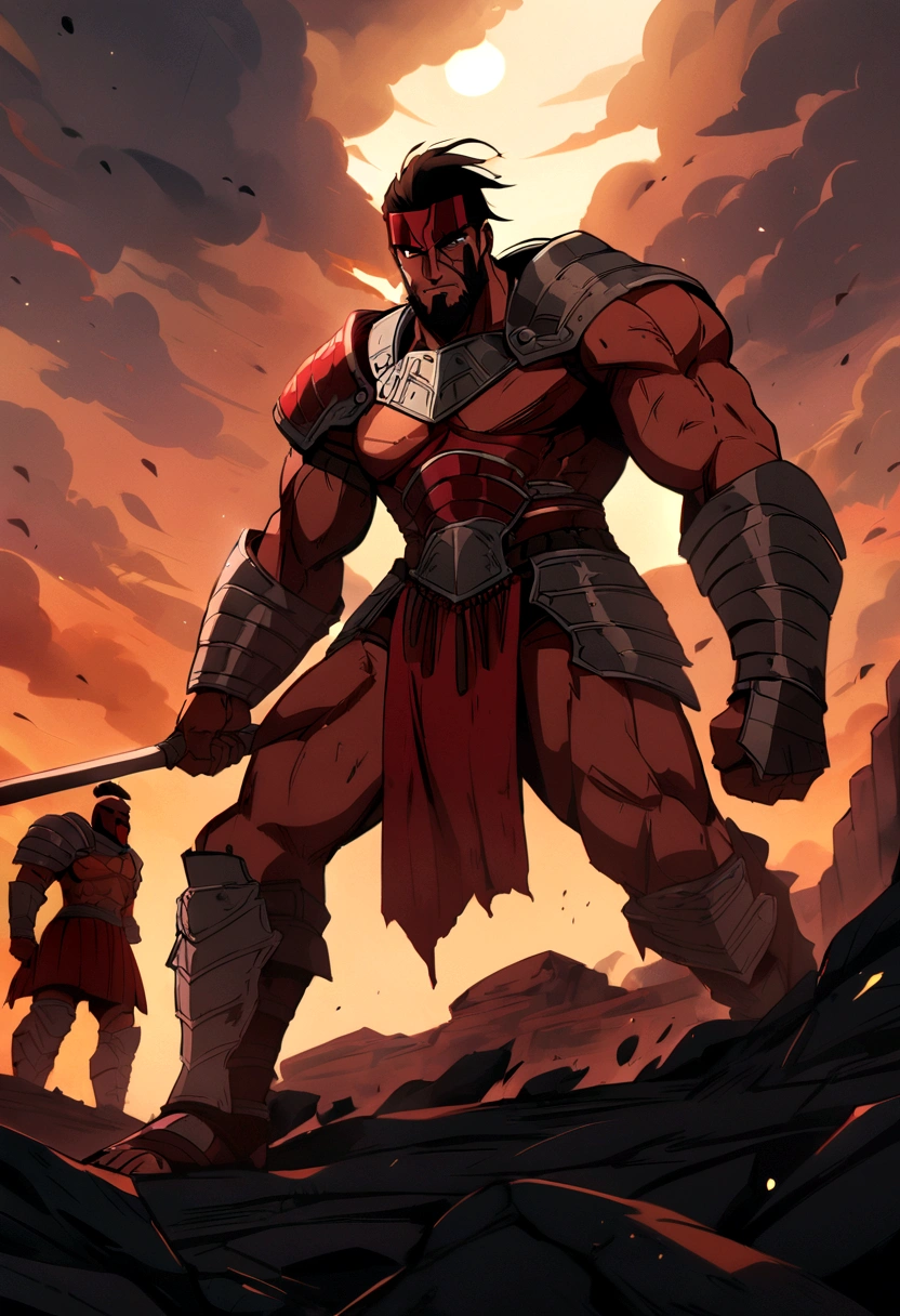 "(best quality,highres),A powerful image of King Leonidas standing at the forefront, leading his Spartan warriors, with determination in his eyes and a rugged, battle-worn appearance., Anime style, gladiator, give it a dark tone, vibrant colors"