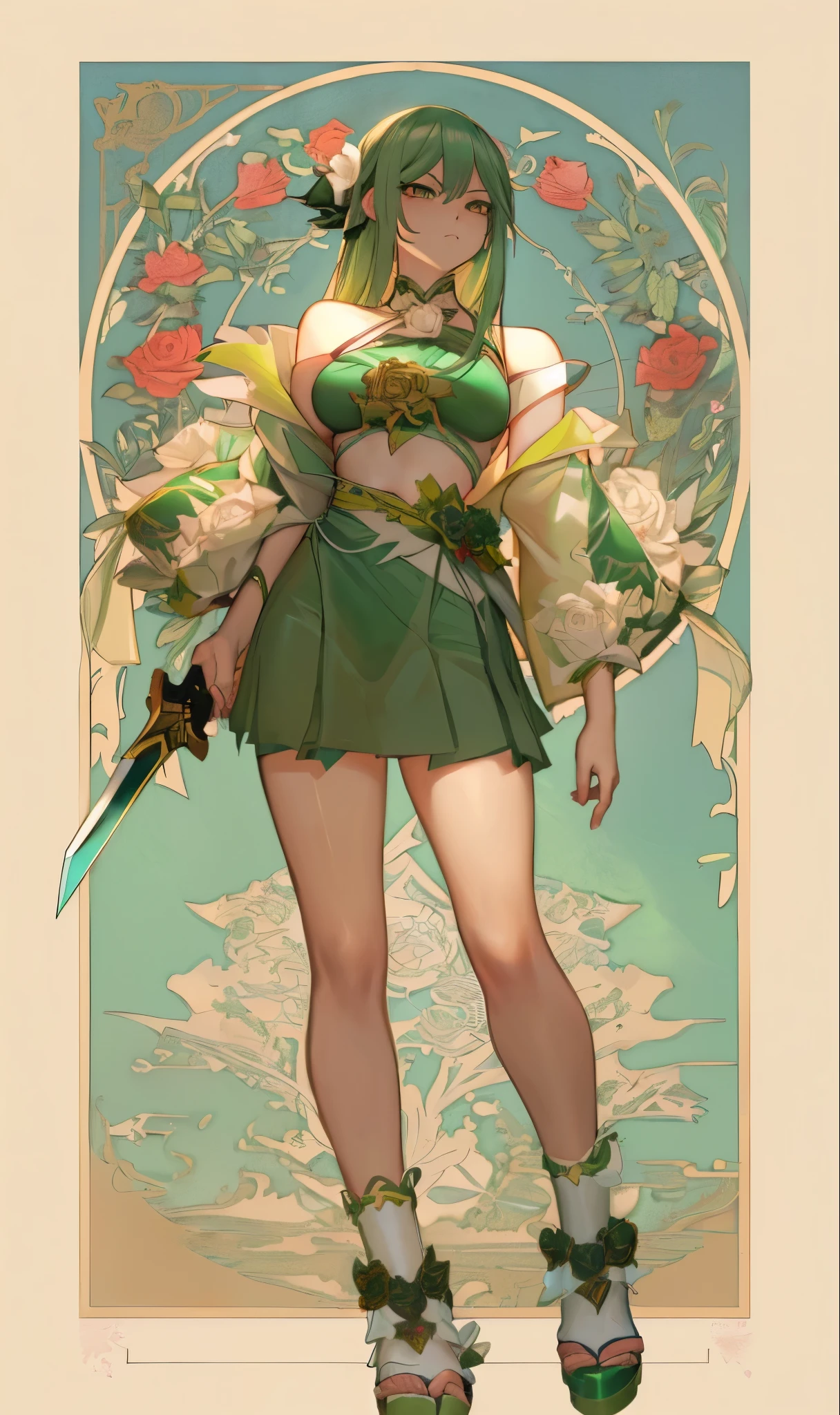 anime girl in a green bikini with a sword and roses, extremely detailed artgerm, like artgerm, seductive anime girl, anime goddess, ! dream artgerm, artgerm. anime illustration, artgerm on artstation pixiv, style artgerm, artgerm style, ig model | artgerm, top rated on pixiv