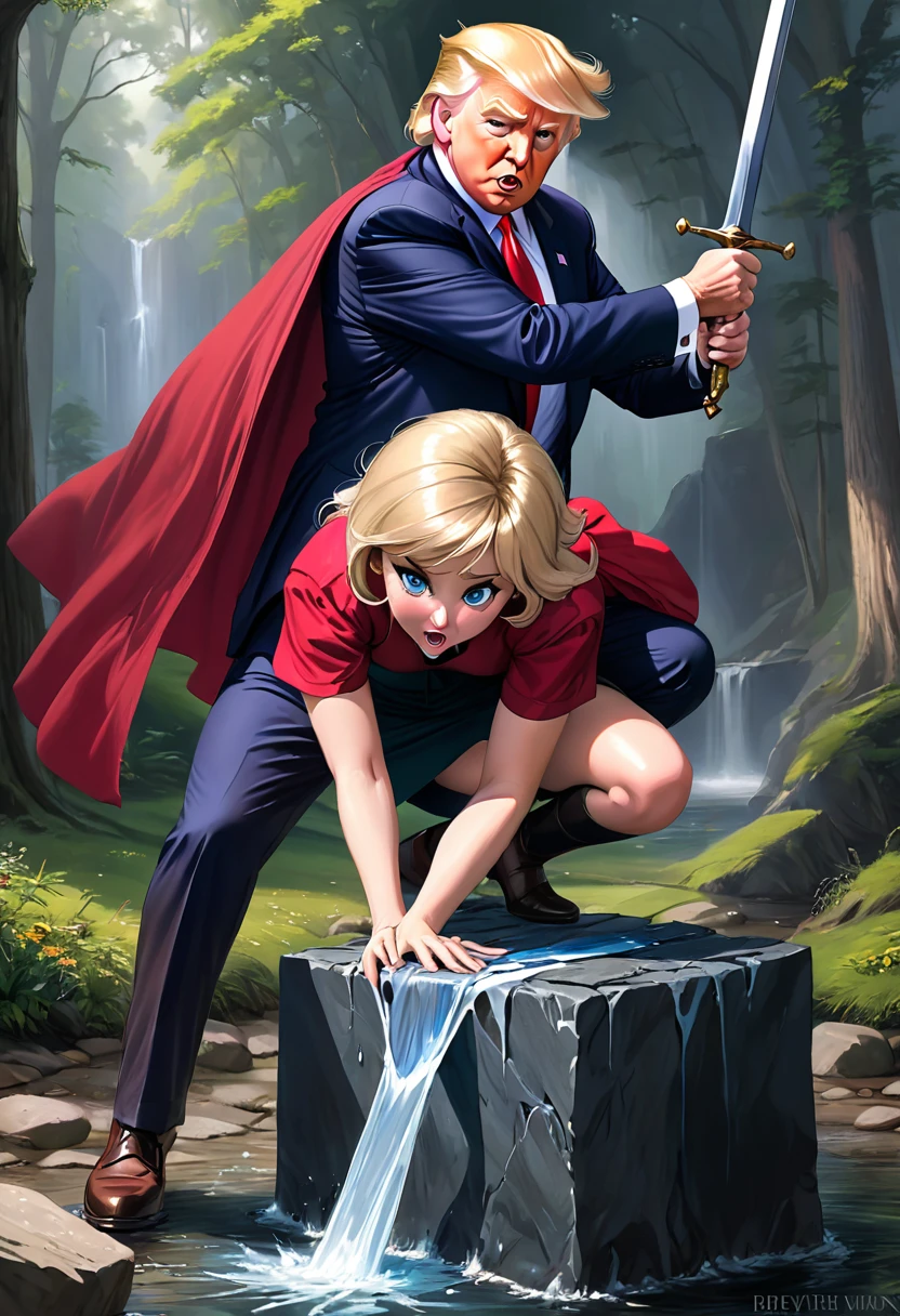 A photo realistic painting inspired by arthurian legend of Donald Trump pulling the mythic sword from the stone. as Joe Biden falls to his knees in fear, his devilish plans thwarted.