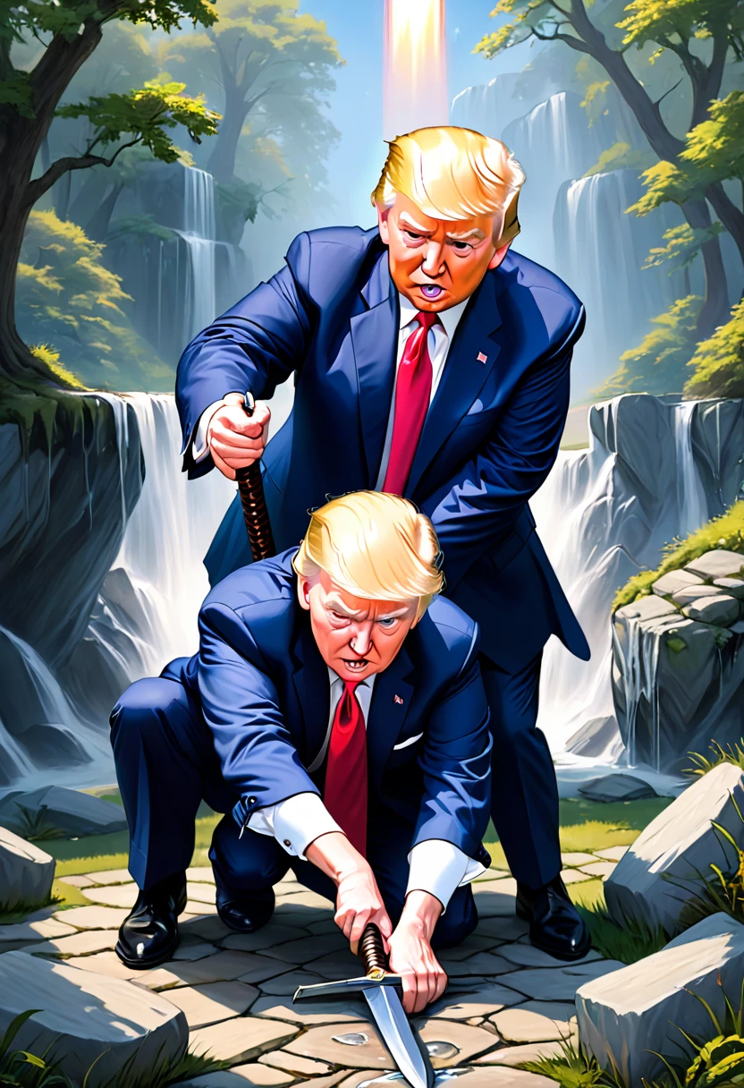 A  photo realistic painting inspired by arthurian legend of Donald Trump pulling the mythic sword from the stone. as Joe Biden falls to his knees in fear, his devilish plans thwarted.

