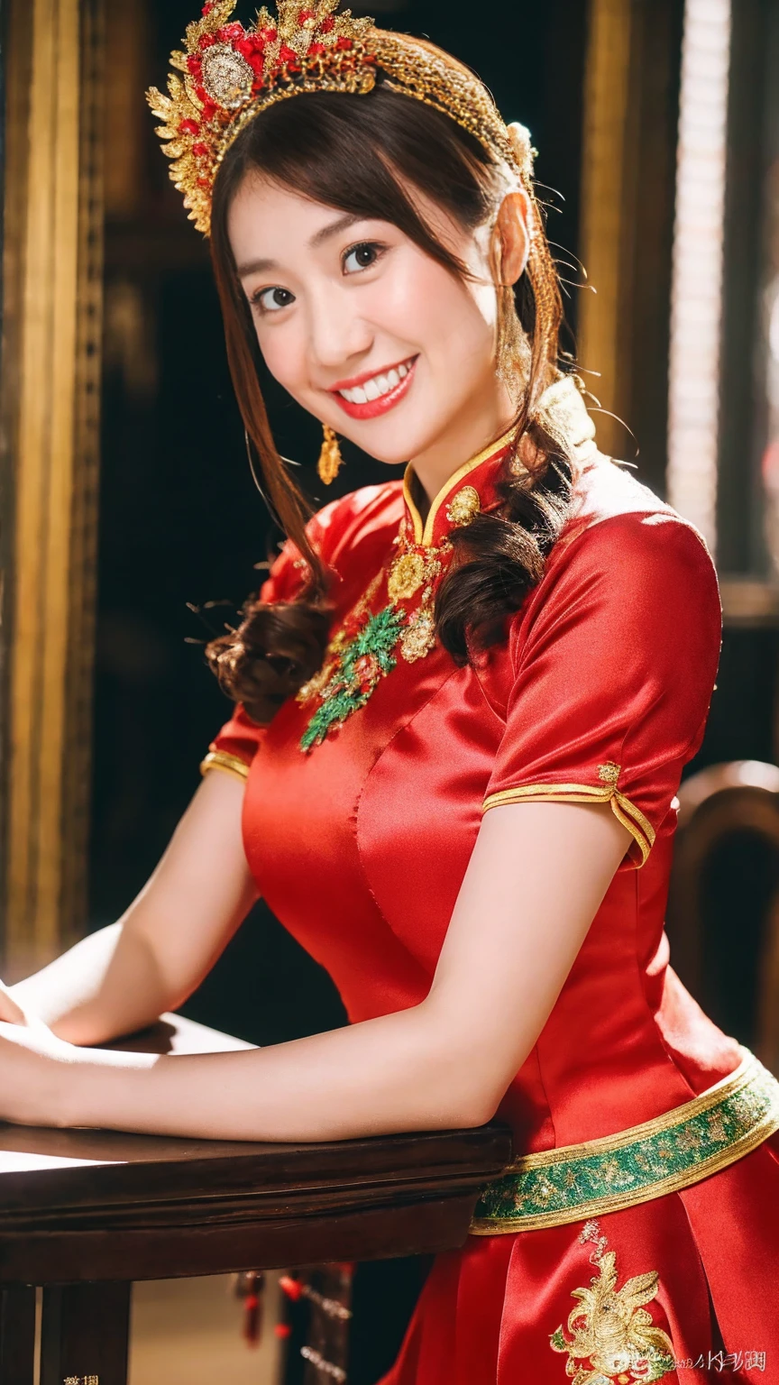 (8K, RAW Photos, Highest quality, masterpiece: 1.2), ((Large Breasts:1.2)),(Realistic, Realistic: 1.37), 1 Girl, Wearing a red dress and headdress、A woman taking a photo, Gorgeous roleplay, Beautiful costumes, China dress, Complicated Dress, Complicated costumes, Traditional beauty, Gorgeous Chinese Model, Chinese Costume, Dressed in luxurious costumes, Wearing elegant Chinese Xiuhe clothing, chinese wedding dress, Phoenix crown summer hanging, Antique Bride, Hidekazu Costume, close, Wearing the Phoenix Crown, smile, No watermark, Dragon and phoenix embroidered dress, Medium Chest