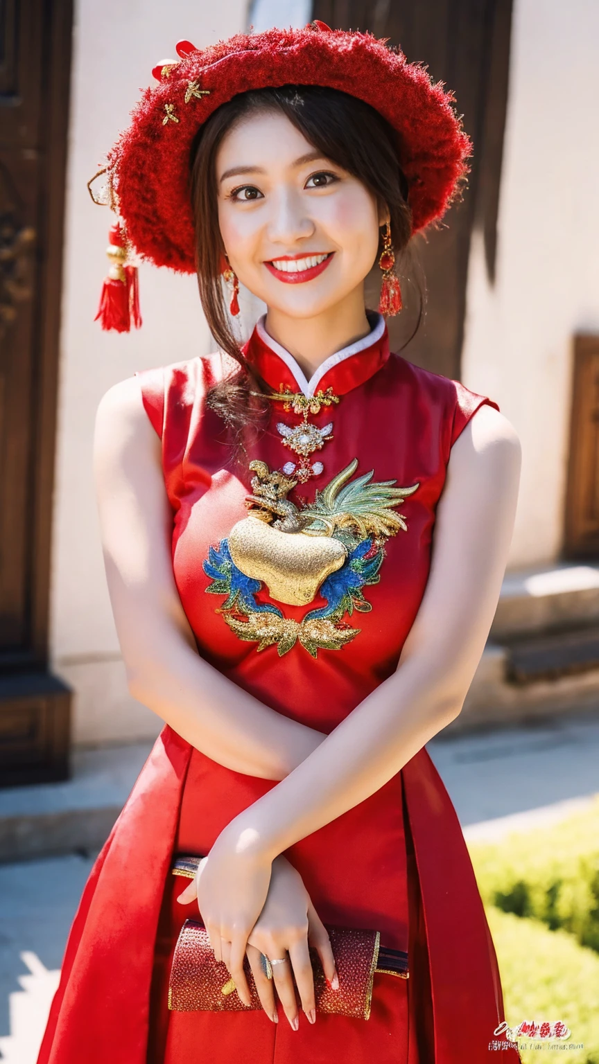 (8K, RAW Photos, Highest quality, masterpiece: 1.2), ((Large Breasts:1.2)),(Realistic, Realistic: 1.37), 1 Girl, Wearing a red dress and headdress、A woman taking a photo, Gorgeous roleplay, Beautiful costumes, China dress, Complicated Dress, Complicated costumes, Traditional beauty, Gorgeous Chinese Model, Chinese Costume, Dressed in luxurious costumes, Wearing elegant Chinese Xiuhe clothing, chinese wedding dress, Phoenix crown summer hanging, Antique Bride, Hidekazu Costume, close, Wearing the Phoenix Crown, smile, No watermark, Dragon and phoenix embroidered dress, Medium Chest