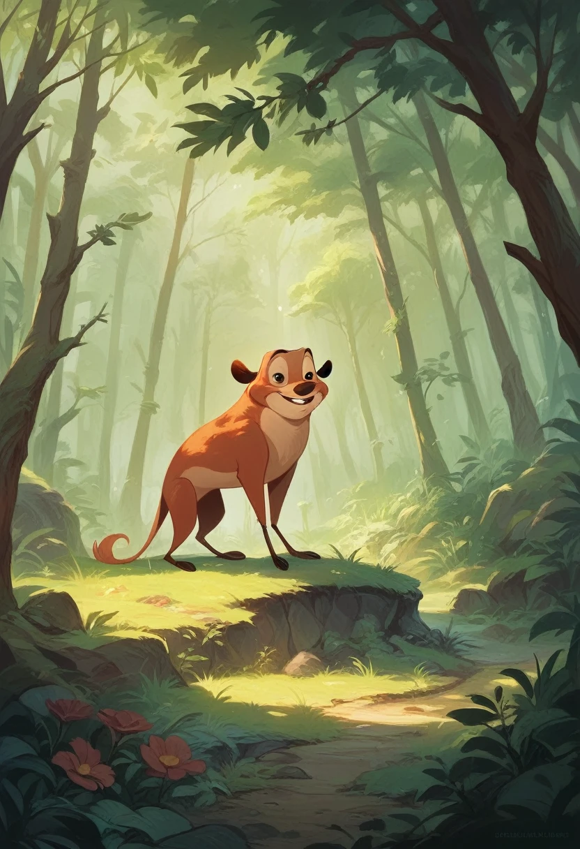 Create an image of a sunset scene in the forest,
photographic image, ultra-realistic, DISNEY cartoon style image, in 4k