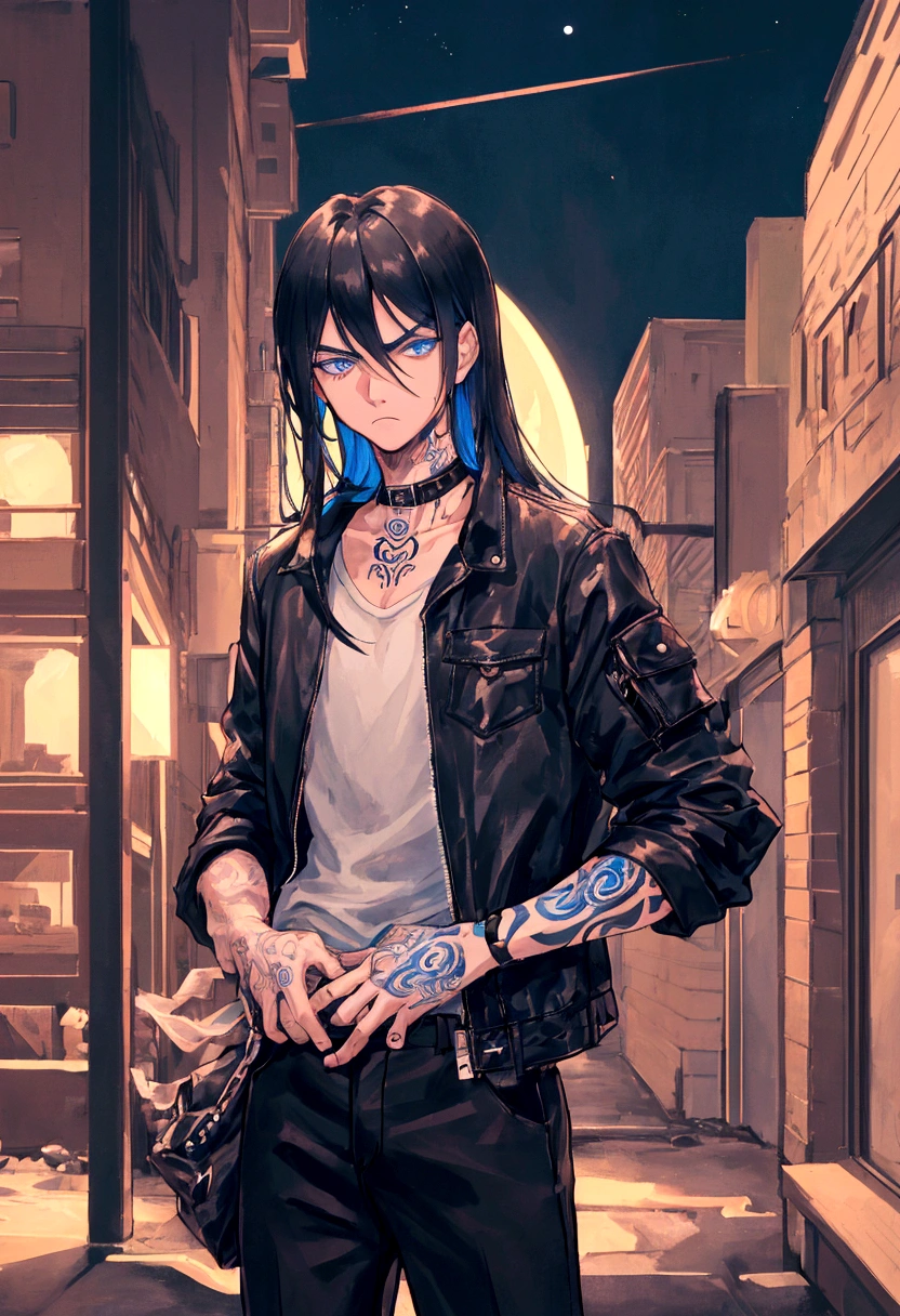 A boy, black hair, long hair, blue eyes, black jacket, with tattoos on the neck and arms, black pants, smoking, serious face, one hand in the pocket, in a city alley, at night, looking at the moon