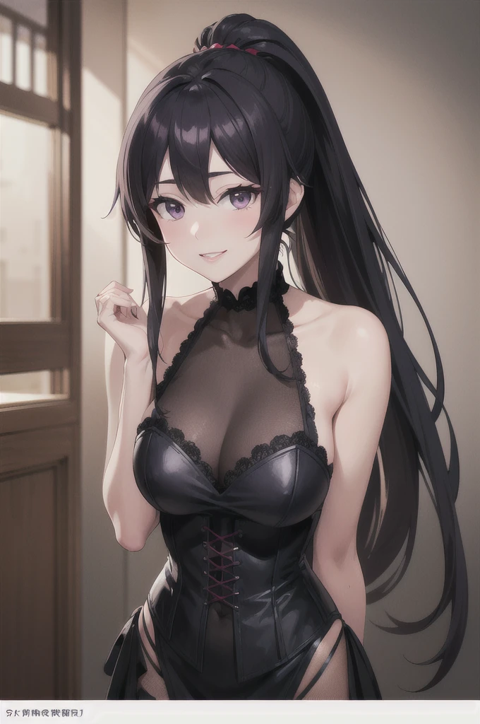 a beautiful glamorous anime full-length portrait of a wide-smiling and parted-lipped Akeno Himejima, goddess, (deep decolte), seducing smile, looking lovingly at the viewer, revealing, long hair in ponytail, dark hair, surprising purple eyes, anatomically correcte, vinte e poucos anos,sing for the camera in a room, corset, obscene pose standing, WLOP. studio lighting, skin detailed, ultra, realisitic, sharp features, highy detailed. sharp focus, skin natural, skin natural texture, underground dispersal, subdued colors, skin pore, face perfect, perfects eyes, perfect full lips, supple female form, vivid, cinematic, Film light, hyper detailled, Hyper-realisitic, work of art, atmospheric, high resolution, Vibrant, hight contrast, dark angle, 8K, hdr, 500 pixels, a side view