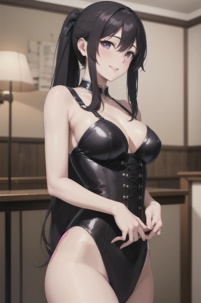 a beautiful glamorous anime full-length portrait of a wide-smiling and parted-lipped Akeno Himejima, goddess, busty (deep decolte), seducing smile, looking lovingly at the viewer, revealing, long hair in ponytail, dark hair, surprising purple eyes, anatomically correcte, vinte e poucos anos, posing for the camera in a room, corset, obscene pose standing, WLOP. studio lighting, skin detailed, ultra, realisitic, sharp features, highy detailed. sharp focus, skin natural, skin natural texture, underground dispersal, subdued colors, skin pore, face perfect, perfects eyes, perfect full lips, supple female form, vivid, cinematic, Film light, hyper detailled, Hyper-realisitic, work of art, atmospheric, high resolution, Vibrant, hight contrast, dark angle, 8K, hdr, 500 pixels, a side view