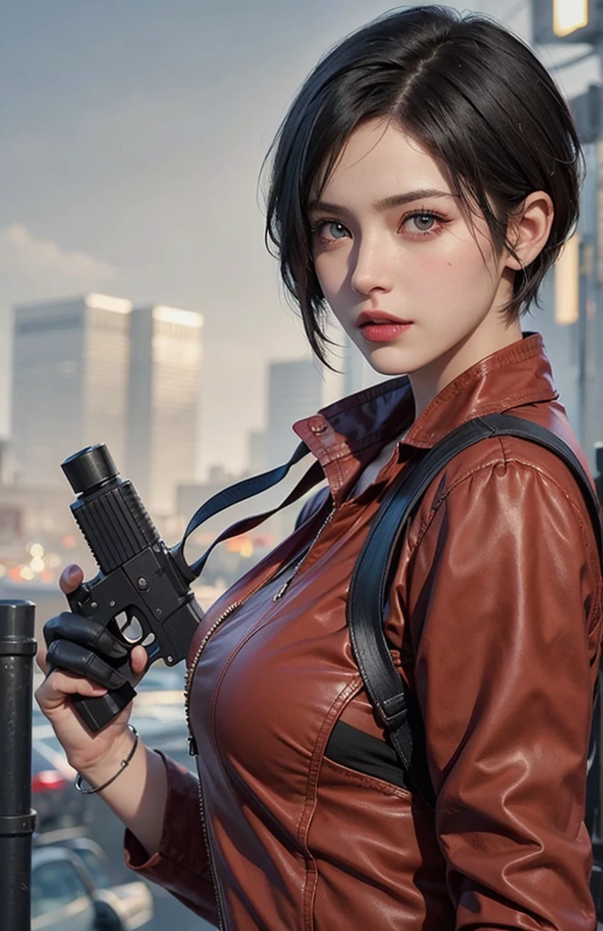 1 beautiful girl，resident Evil，Realistic skin texture，realistic hair，gun in hand,looking into camera, short hair, black hair, red purple dress, , adrienne&#39;s face,Rich colors，bright colors，game rendering，close-up,，Realistic，best quality, high resolution:1.2, shadow, 4k，Lots of details，game art，​Masterpiece,Detailed eyes, top quality, 超high resolution, light, very very beautiful, beautiful skin, 