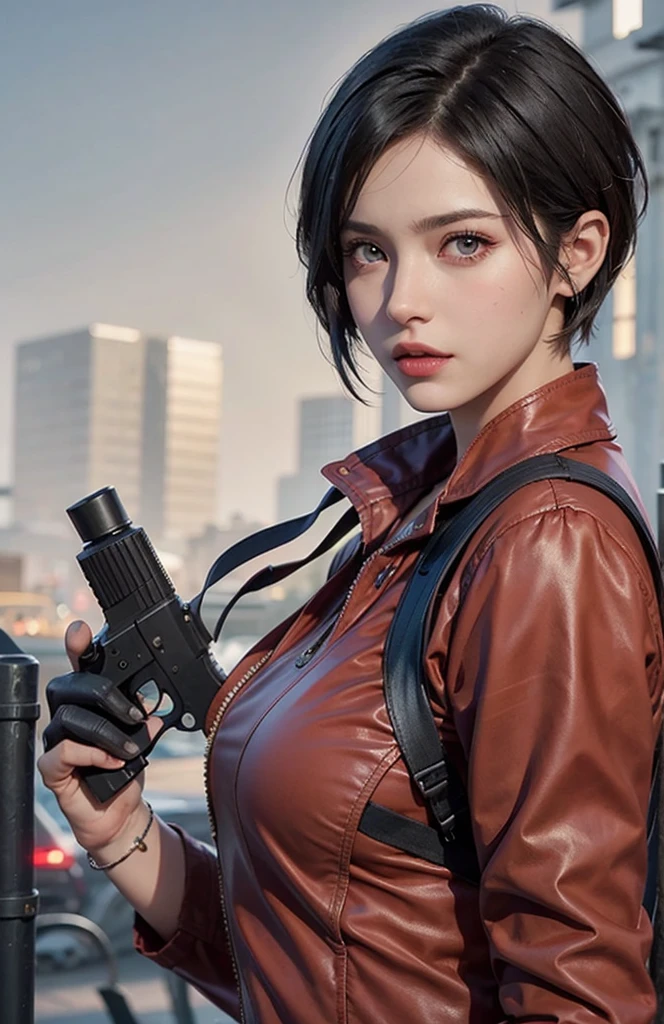 1 beautiful girl，resident Evil，Realistic skin texture，realistic hair，gun in hand,looking into camera, short hair, black hair, red purple dress, , adrienne&#39;s face,Rich colors，bright colors，game rendering，close-up,，Realistic，best quality, high resolution:1.2, shadow, 4k，Lots of details，game art，​Masterpiece,Detailed eyes, top quality, 超high resolution, light, very very beautiful, beautiful skin, 