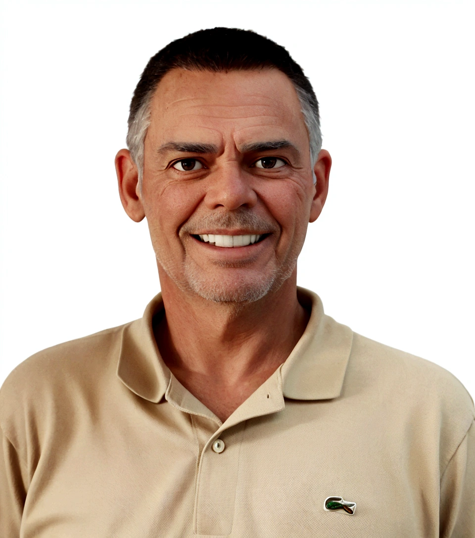 Draw a man of approximately 58 years old with short gray hair, It&#39;s the color of the brown shirt.