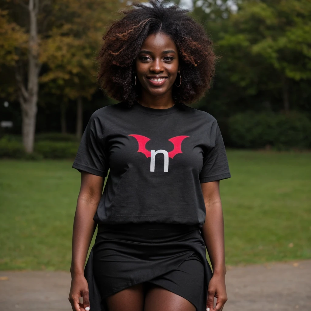 ONE GIRL. best quality, ultra-detailed, hyper realistic, 8k, full body shot, 23 years old, Nigerian beautiful girl, round shaped face, dark black skin, highly detailed skin with blemishes, ebony, dark natural afro hair, fit athletic figure, full body, big natural E cup breasts, big butt, wide hips, wearing a sexy shirt, loose long skirt, cleavage, smiling, in the park, nhentai logo