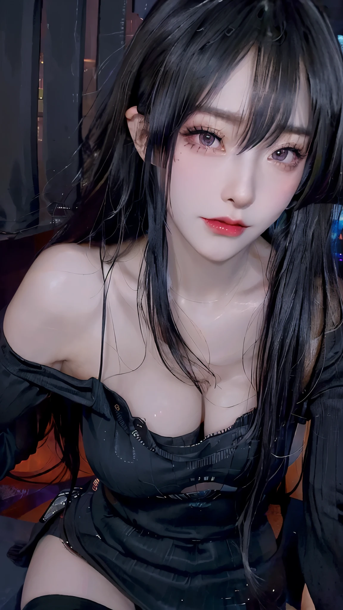 4k ultra high definition、best quality, masterpiece, Ultra-high resolution, (Reality: 1.4),  1 girl, Purple Eyes, Off-the-shoulder sweater dress, Light、purple and black hair、(My girl、My cosmetics)、(Danteidong、Large Breasts、Oversized off-the-shoulder black T-shirt、Dark miniskirt)、((Dark Makeup、Oily skin,有Light泽的皮肤、Realistic skin texture、Delicate and beautiful skin、容Light焕发的皮肤)), Dark city center at night、Kabukicho、Dark cyberpunk、(panoramic:1.8)