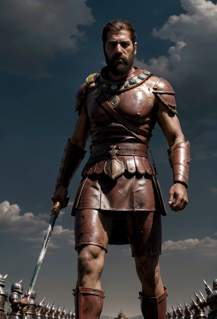"(best quality,highres),A powerful image of King Leonidas standing at the forefront, leading his Spartan warriors, with determination in his eyes and a rugged, battle-worn appearance., Anime style, gladiator, give it a dark tone, vibrant colors"