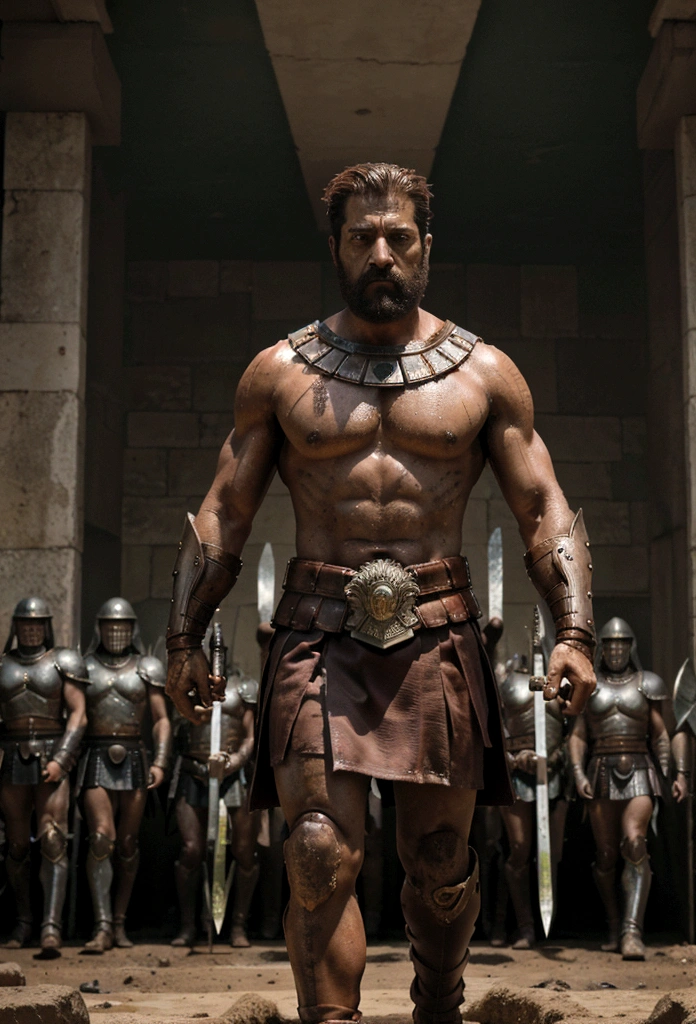 "(best quality,highres),A powerful image of King Leonidas standing at the forefront, leading his Spartan warriors, with determination in his eyes and a rugged, battle-worn appearance., Anime style, gladiator, give it a dark tone, vibrant colors"