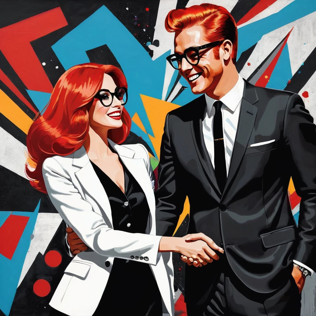 A captivating Pop-Art illustration of a man from the 1960s with bold, bright red hair, wearing a charming black-and-white suit and oversized glasses. . In a delightful twist, he shakes hands with the woman he's painted, bringing her to life from the canvas. The background is a dynamic blend of dark and light colors, evoking a mood of dark fantasy and whimsical humor. The illustration is executed in a graffiti-like style, featuring vibrant and lively colors with a touch of dark imagination.