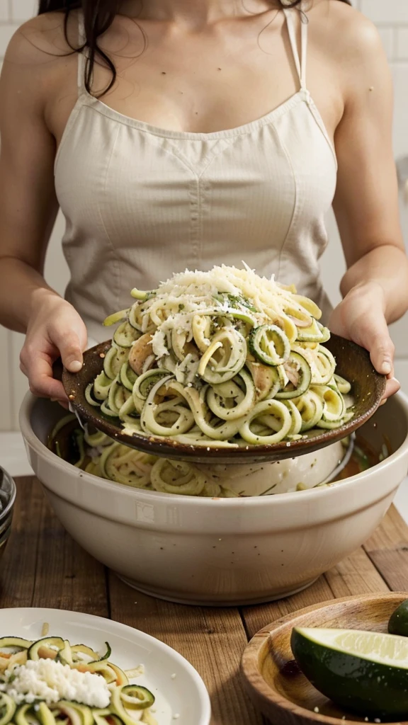 Keto Chicken Alfredo with Zoodles
Ingredients:
• 2 medium zucchinis
• 2 boneless, skinless chicken breasts
• 2 tablespoons olive oil
• Salt and pepper to taste
• 2 cloves garlic, minced
• 1 cup heavy cream
• 1/2 cup grated Parmesan cheese
• 1/4 cup cream cheese
• 1 teaspoon Italian seasoning
• 1 tablespoon fresh parsley, chopped (optional)
Instructions:
1. Prepare the Zoodles:
• Use a spiralizer to create zucchini noodles (zoodles) from the zucchinis. Set aside.
2. Cook the Chicken:
• Season the chicken breasts with salt and pepper.
• In a large skillet, heat 1 tablespoon of olive oil over medium-high heat.
• Add the chicken breasts and cook for about 5-7 minutes on each side, until fully cooked and golden brown.
• Remove the chicken from the skillet and set aside to rest. Once cooled, slice the chicken into thin strips.
3. Make the Alfredo Sauce:
• In the same skillet, add the remaining tablespoon of olive oil and the minced garlic. Sauté for about 1 minute until fragrant.
• Pour in the heavy cream and bring to a simmer.
• Add the Parmesan cheese, cream cheese, and Italian seasoning. Stir until the cheeses are fully melted and the sauce is smooth and thickened.
• Season with additional salt and pepper to taste.
4. Combine Everything:
• Add the sliced chicken back into the skillet with the Alfredo sauce.
• Add the zoodles and toss everything together until the zoodles are coated in the sauce and warmed through. This should only take about 2-3 minutes to avoid overcooking the zoodles.
5. Serve:
• Transfer the Keto Chicken Alfredo with Zoodles to serving plates.
• Garnish with fresh parsley, if desired.