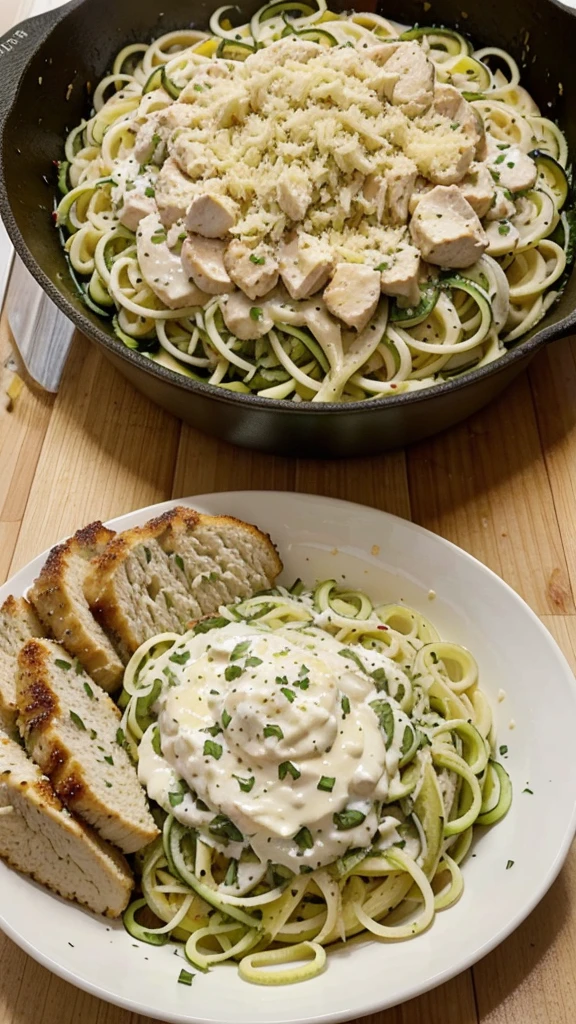 Keto Chicken Alfredo with Zoodles
Ingredients:
• 2 medium zucchinis
• 2 boneless, skinless chicken breasts
• 2 tablespoons olive oil
• Salt and pepper to taste
• 2 cloves garlic, minced
• 1 cup heavy cream
• 1/2 cup grated Parmesan cheese
• 1/4 cup cream cheese
• 1 teaspoon Italian seasoning
• 1 tablespoon fresh parsley, chopped (optional)
Instructions:
1. Prepare the Zoodles:
• Use a spiralizer to create zucchini noodles (zoodles) from the zucchinis. Set aside.
2. Cook the Chicken:
• Season the chicken breasts with salt and pepper.
• In a large skillet, heat 1 tablespoon of olive oil over medium-high heat.
• Add the chicken breasts and cook for about 5-7 minutes on each side, until fully cooked and golden brown.
• Remove the chicken from the skillet and set aside to rest. Once cooled, slice the chicken into thin strips.
3. Make the Alfredo Sauce:
• In the same skillet, add the remaining tablespoon of olive oil and the minced garlic. Sauté for about 1 minute until fragrant.
• Pour in the heavy cream and bring to a simmer.
• Add the Parmesan cheese, cream cheese, and Italian seasoning. Stir until the cheeses are fully melted and the sauce is smooth and thickened.
• Season with additional salt and pepper to taste.
4. Combine Everything:
• Add the sliced chicken back into the skillet with the Alfredo sauce.
• Add the zoodles and toss everything together until the zoodles are coated in the sauce and warmed through. This should only take about 2-3 minutes to avoid overcooking the zoodles.
5. Serve:
• Transfer the Keto Chicken Alfredo with Zoodles to serving plates.
• Garnish with fresh parsley, if desired.