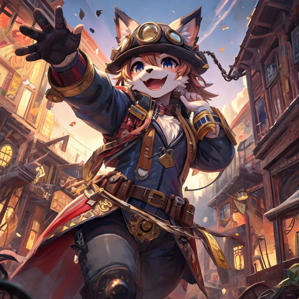 cover_page, highres, top quality, best quality, paid reward available, High-quality illustrations, unparalleled masterpiece, perfect artwork, absurdres, figma, super high resolution, detailed background, Steam punk, Beautiful World Heritage, boys, Happy, joyful(Photos of solo travelers)(kemono, furry anthro)cinematic lighting, dynamic angle,