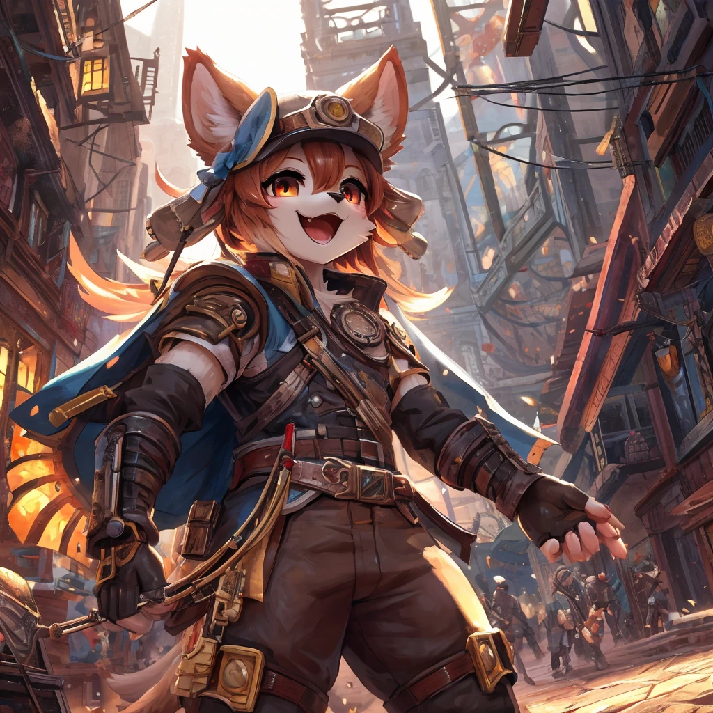 cover_page, highres, top quality, best quality, paid reward available, High-quality illustrations, unparalleled masterpiece, perfect artwork, absurdres, figma, super high resolution, detailed background, Steam punk, Beautiful World Heritage, boys, Happy, joyful(Photos of solo travelers)(kemono, furry anthro)cinematic lighting, dynamic angle,