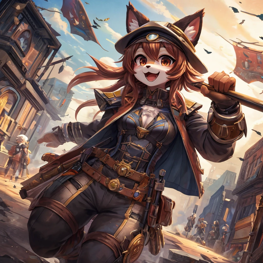 cover_page, highres, top quality, best quality, paid reward available, High-quality illustrations, unparalleled masterpiece, perfect artwork, absurdres, figma, super high resolution, detailed background, Steam punk, Beautiful World Heritage, boys, Happy, joyful(Photos of solo travelers)(kemono, furry anthro)cinematic lighting, dynamic angle,