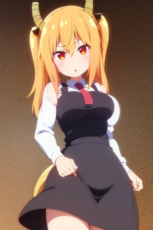 1girl, blonde hair, medimum breasts, hd orange eyes, black dress, big ass, medium hair, maid dress, dragon tail, dragon horns, tohru