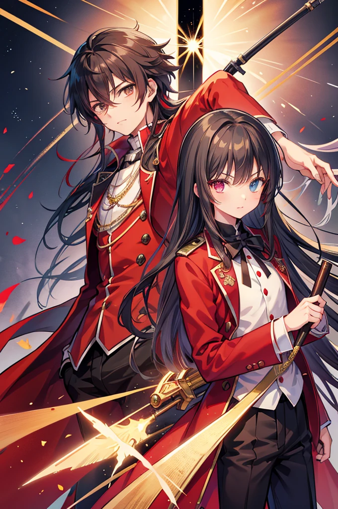 anime boy in a red suit pointing at the camera, anime cover, anime style like fate/stay night, hijikata toushirou, by Jin Homura, handsome anime pose, yandere, yandere. tall, anime visual of a cute girl, inspired by Munakata Shikō, anime moe artstyle, black hair with red tips, long hair, heterochromia left is red, right is bright yellow, holding ancient wooden flintlock pistol in front of him