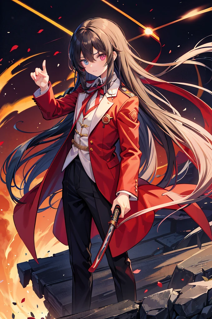 anime boy in a red suit pointing at the camera, anime cover, anime style like fate/stay night, hijikata toushirou, by Jin Homura, handsome anime pose, yandere, yandere. tall, anime visual of a cute girl, inspired by Munakata Shikō, anime moe artstyle, black hair with red tips, long hair, heterochromia left is red, right is bright yellow, holding ancient wooden flintlock pistol in front of him