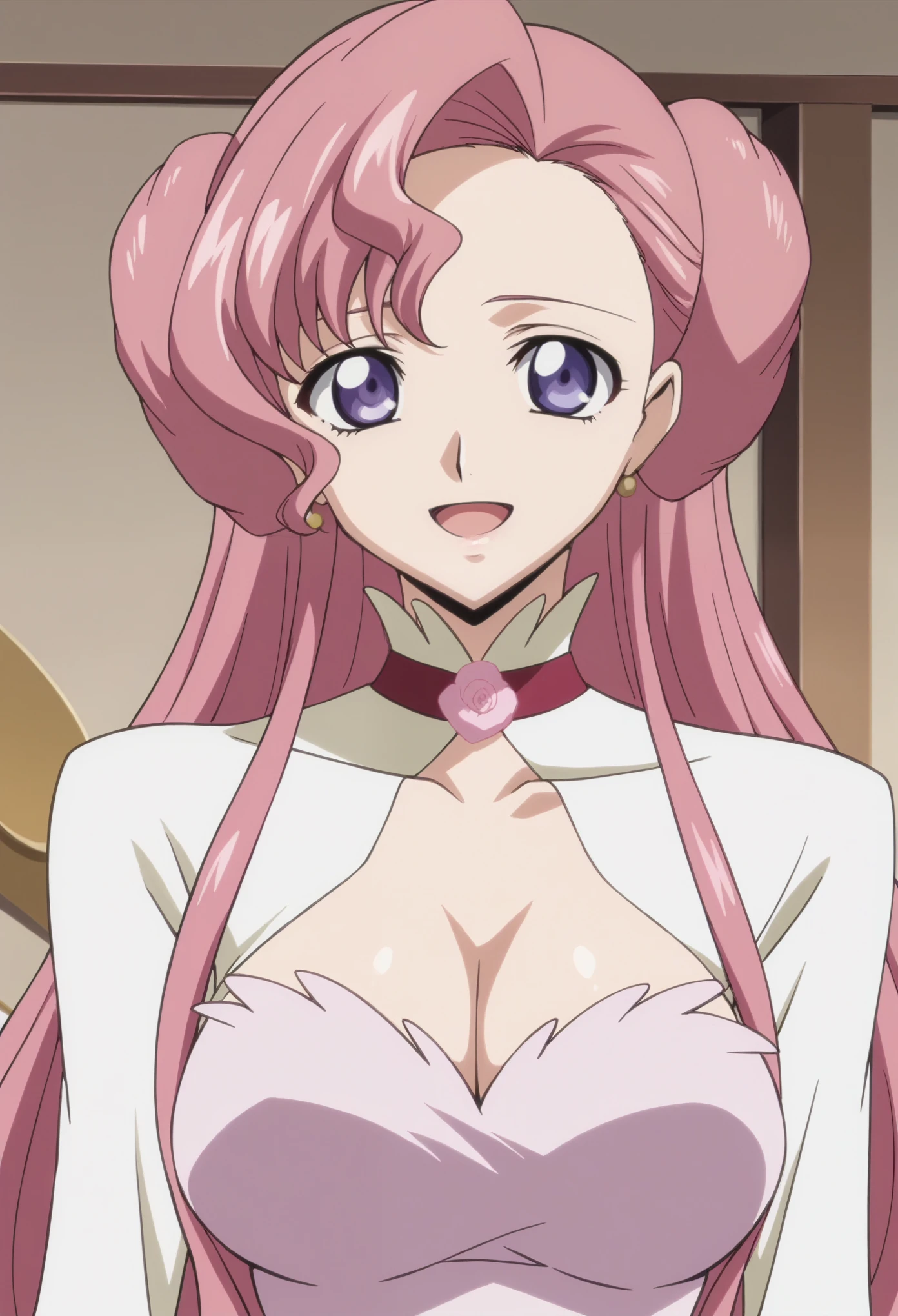 score_9, score_8_up, score_7_up, source_anime, best quality, masterpiece, rating_explicit, uncensored, anime screencap, megami magazine, BREAK, euphemia li britannia, pink hair, long hair, purple eyes, double bun, huge breasts, nipple slip, cleavage, pink dress, long sleeves, cleavage cutout, flower, choker, flower choker, gardee, looking at viewer, blush, smile, closed mouth