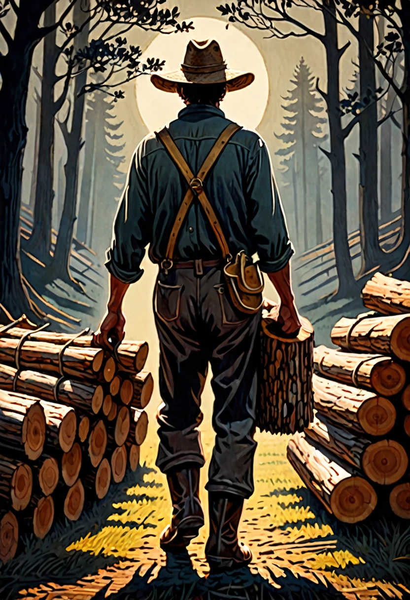 it's midday, (a close-up) from the back of a farmer holding a bunch of logs, dark fantasy paper style from the 70s, with intense painting and a german romantic style, shadows and spectacultar lighting