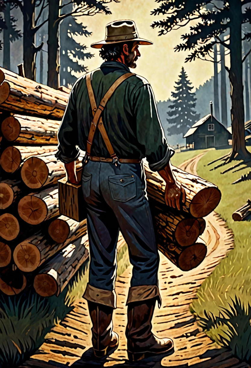 it's midday, (a close-up) from the back of a farmer holding a bunch of logs, dark fantasy paper style from the 70s, with intense painting and a german romantic style, shadows and spectacultar lighting