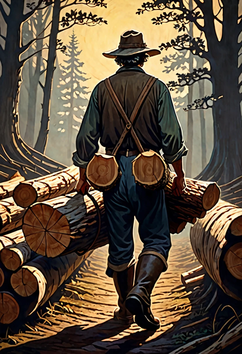 it's midday, (a close-up) from the back of a farmer holding a bunch of logs, dark fantasy paper style from the 70s, with intense painting and a german romantic style, shadows and spectacultar lighting