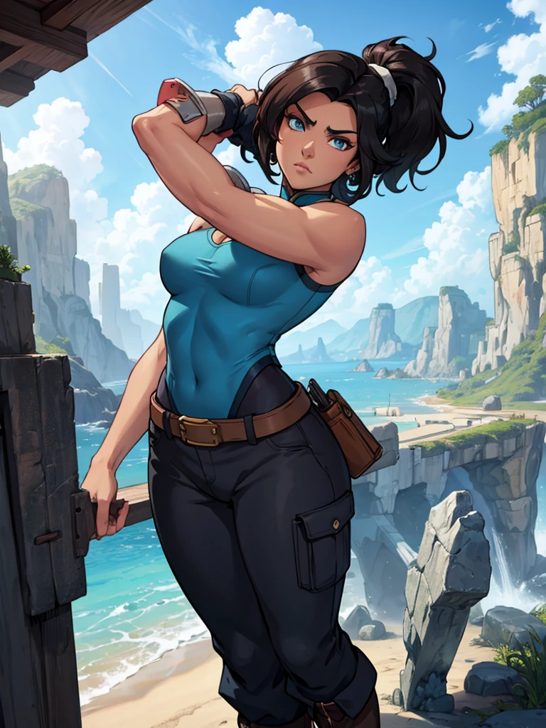Korra from the legend of korra, beautiful woman with bold features, wearing high neck top, baggy pants, high boots, big blue eyes, gorgeous look, black overhead pony tail hair, realistic, photorealistic, photo-realistic:1.37, best quality,4k,8k,highres,masterpiece:1.2,ultra-detailed,vivid colors,physically-based rendering,extreme detail description,professional