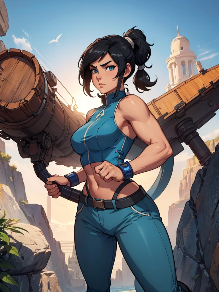 Korra from the legend of korra, beautiful woman with bold features, wearing high neck top, baggy pants, high boots, big blue eyes, gorgeous look, black overhead pony tail hair, realistic, photorealistic, photo-realistic:1.37, best quality,4k,8k,highres,masterpiece:1.2,ultra-detailed,vivid colors,physically-based rendering,extreme detail description,professional