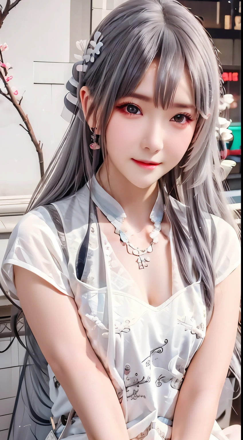 Realistic, High resolution, Soft Light,1 woman, alone, Hips up, View viewer, (Detailed face), long hair, silver hair, Bright Eyes, Kunfu Hanfu, Cloak, Tattoo, jewelry