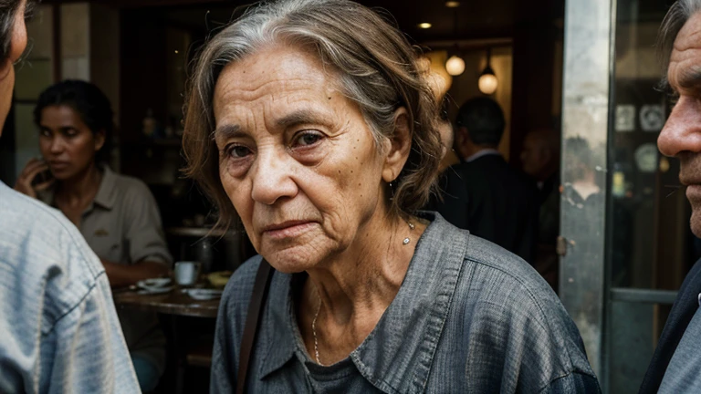 Imagine the wrinkled and expressive face of Mrs. Carmen, an eighty-year-old beggar, as she walks into the first restaurant in search of food. Visualize the deep lines on his face, the tired but hopeful eyes, reflecting his determination to find something to eat after hard days on the streets. Ultra-realistic image, HD