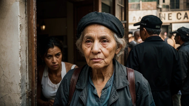 Imagine the wrinkled and expressive face of Mrs. Carmen, an eighty-year-old beggar, as she walks into the first restaurant in search of food. Visualize the deep lines on his face, the tired but hopeful eyes, reflecting his determination to find something to eat after hard days on the streets. Ultra-realistic image, HD