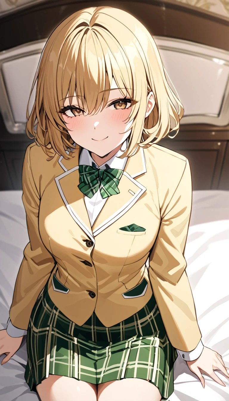 masterpiece, best quality, highres, 1girl, solo, blonde medium hair, brown eyes, , green bowtie, blazer, yellow jacket, long sleeves, plaid skirt, green skirt, sitting on bed, put hands on hip,cowboy shot,from above,in luxury bed room. smile,closed mouth